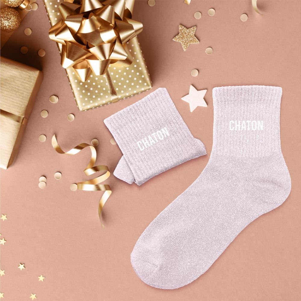 Chaussettes paillettes chaton rose