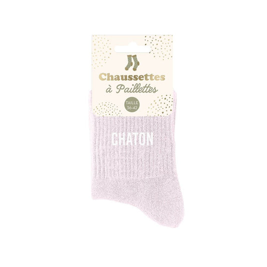 Chaussettes paillettes chaton rose