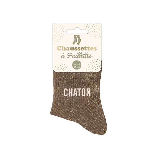 Chaussettes paillettes chaton marron